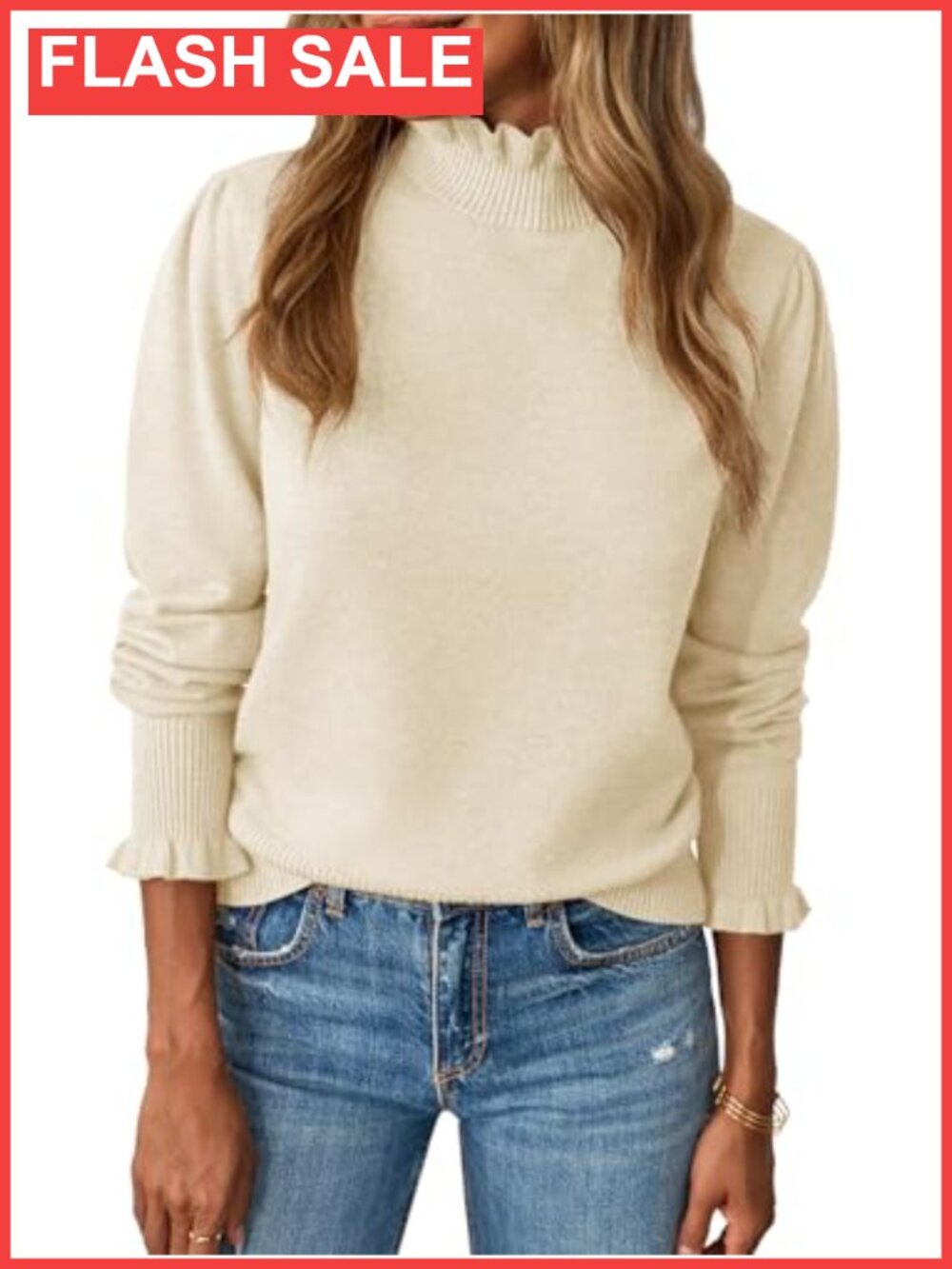 Ruffle Mock Neck Puff Sleeve Knit Pullover Sweater Women Loose Fit